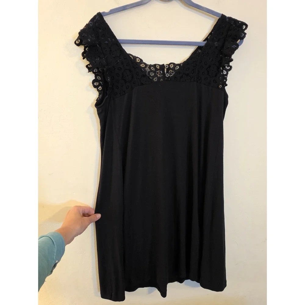 LOFT Women's Size Medium Black Rayon Stretch Lace Sleeve Neck Swing Dress Gothic